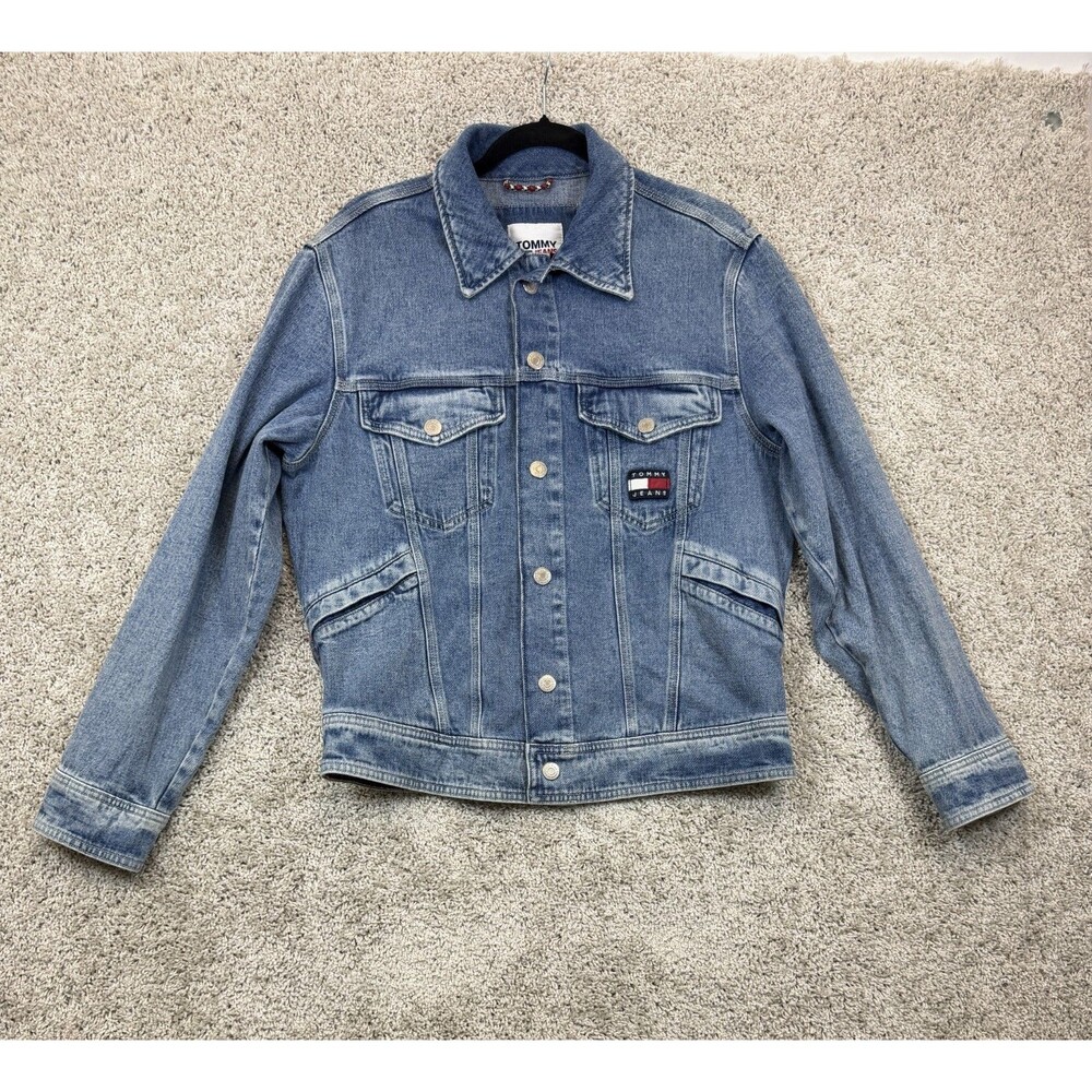 Vtg Tommy Hilfiger Big Flag Crest Blue Denim Jean Jacket Women’s SIZE XS